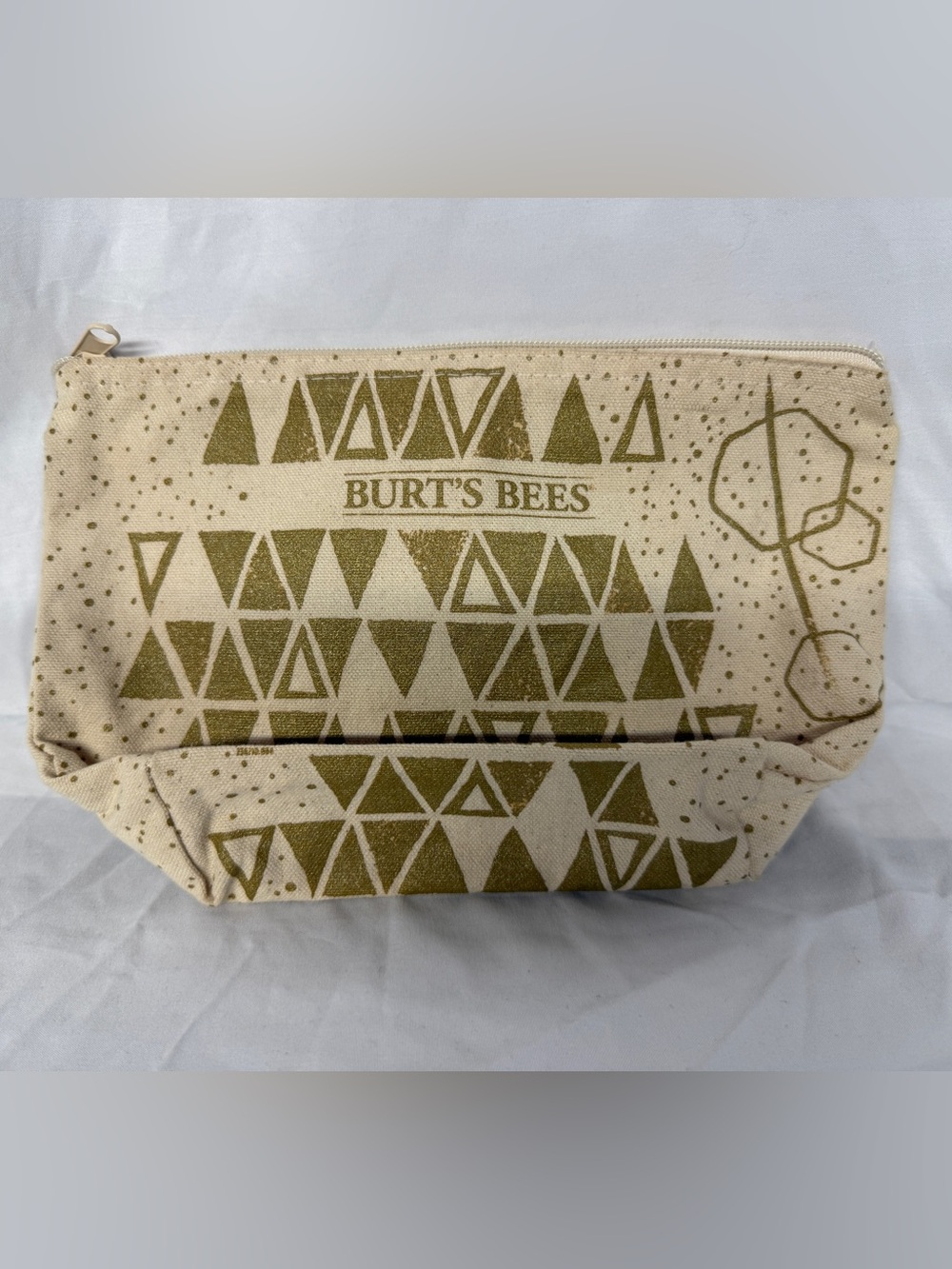 Burt's Bees Makeup Bag Travel Pouch Toiletries Off White & Gold Zip close, 10”